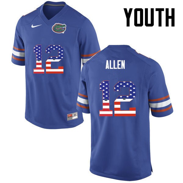 Florida Gators Youth #12 Jake Allen College Football USA Flag Fashion Blue